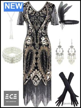 Womens 1920s Gatsby Sequin Flapper Dress Plus Size 20s Accessories Set